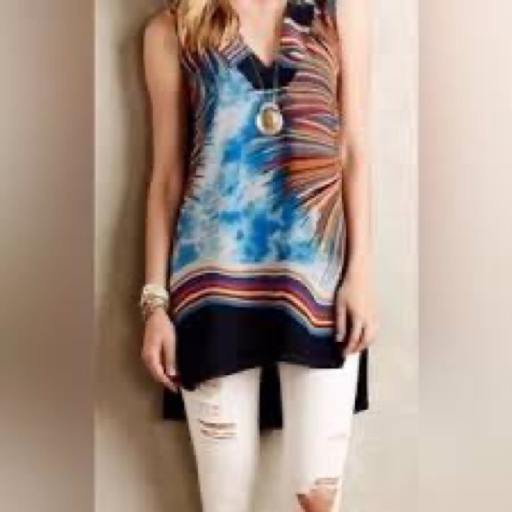 ANTHROPOLOGIE Top Womens Size M Tiny Shoreline Print Multicolor Sleeveless Tunic